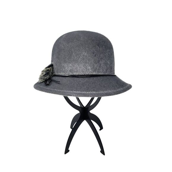 Retro Roaring 20s Gray Bowler Hat Faux Fur Black Bow Accent 57 CM Womens Flapper - Picture 8 of 9